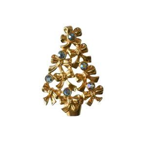 1992 AVON Gold Plated Ribbon & Bows AB Rhinestones Christmas Tree Pin Brooch